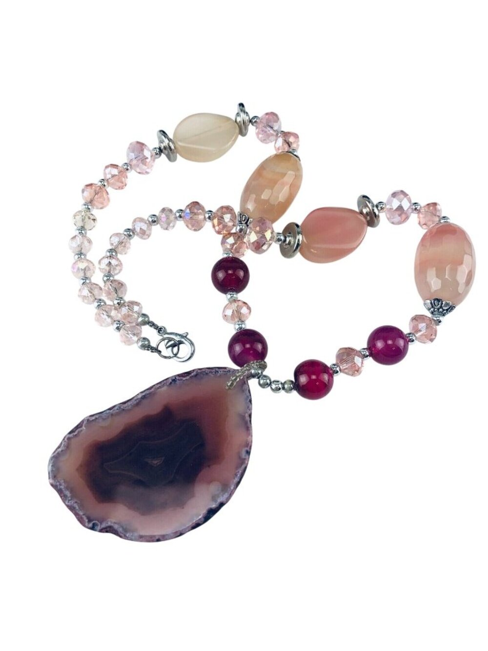 Necklace 20.5" Silver Tone Pink Glass Beads Agate Pendant
